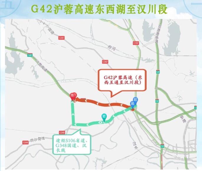 g42沪蓉高速东西湖互通至汉川段,可绕行s106省道经g348国道,汉长线