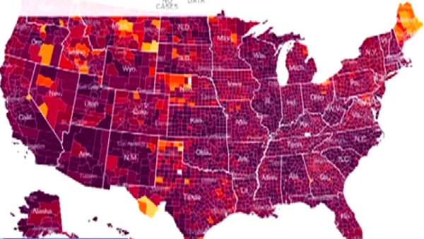 美媒发布新冠疫情地图整个美国全紫了
