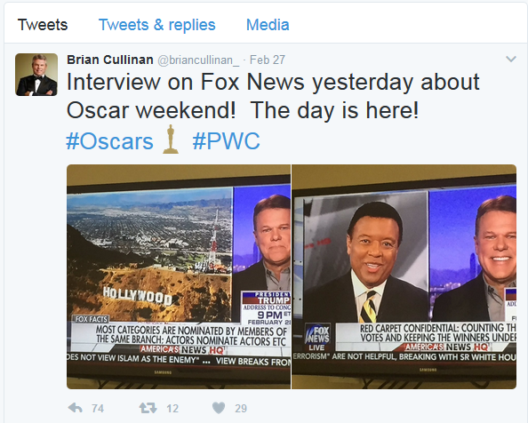 Brian Cullinan的推特已经删除了奥斯卡颁奖礼相关内容