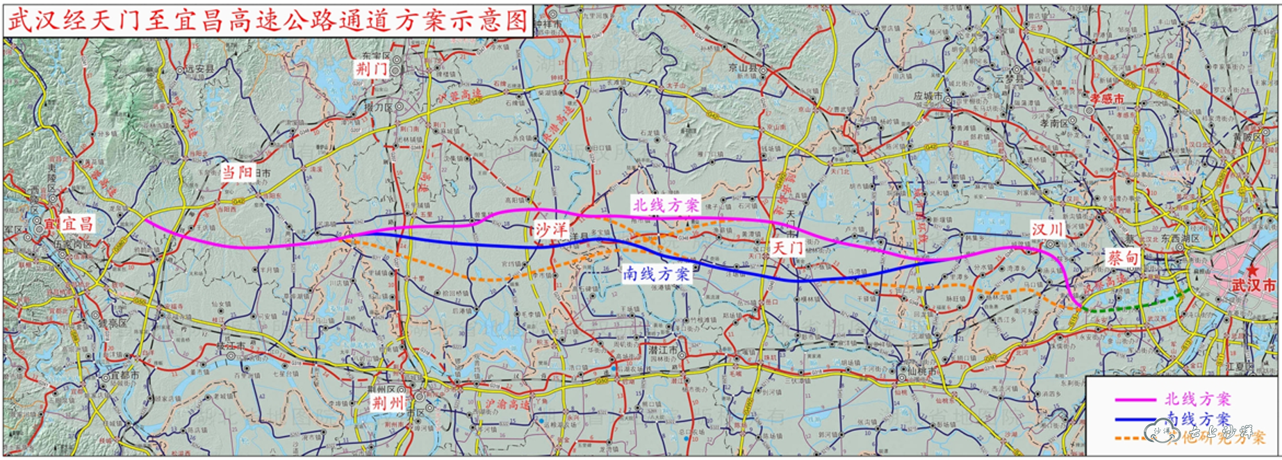 向西依次贯穿武汉城市圈环线(汉川),随岳高速(天门),枣潜高速和襄荆