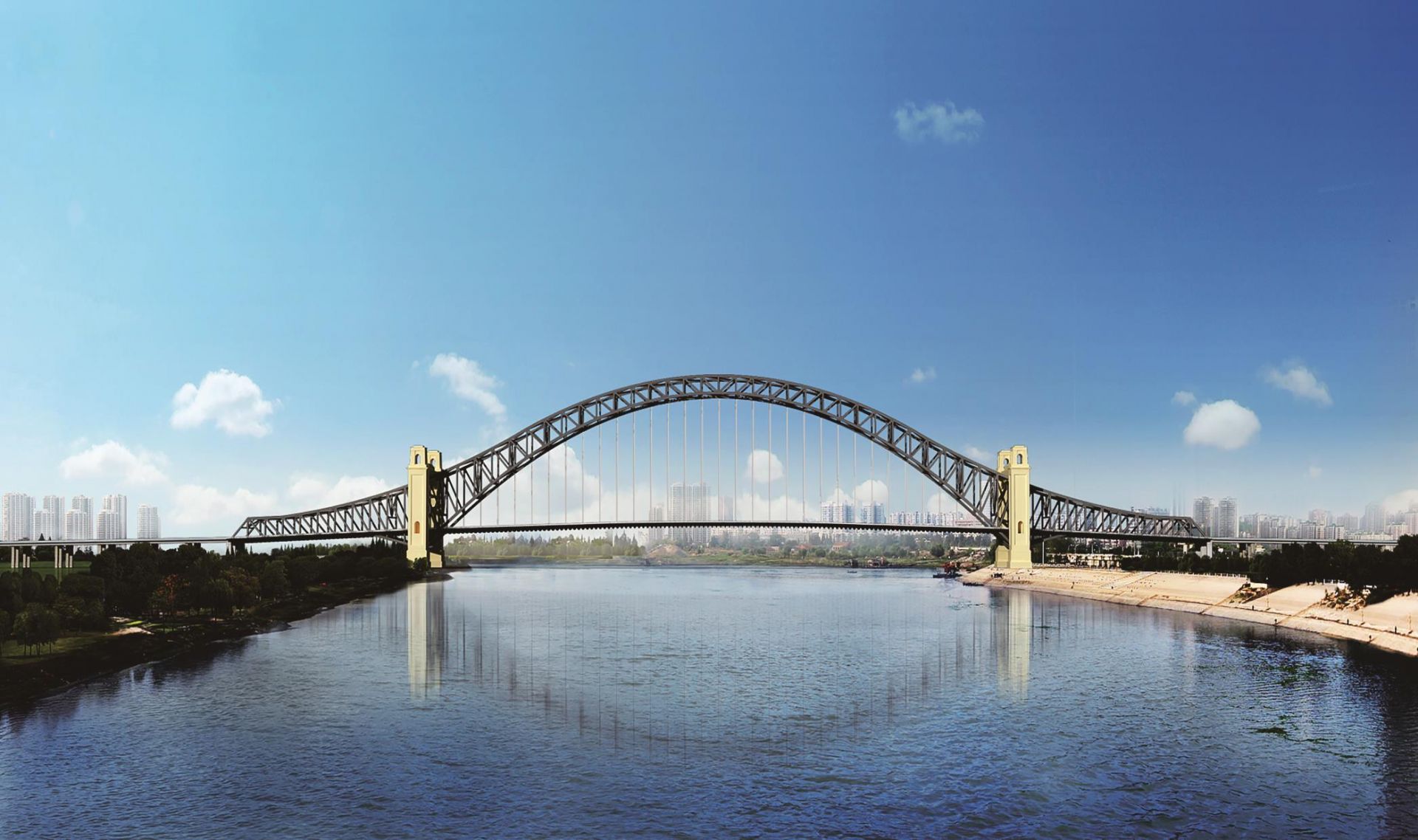 754千米,主桥长672米,主跨408千,为中承式三跨连续钢桁系杆拱桥
