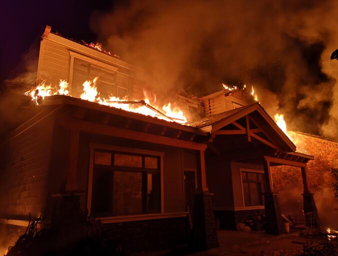 而火灾现场更是浓烟滚滚,不断还有火舌喷出,着火的房子已经一片凌乱