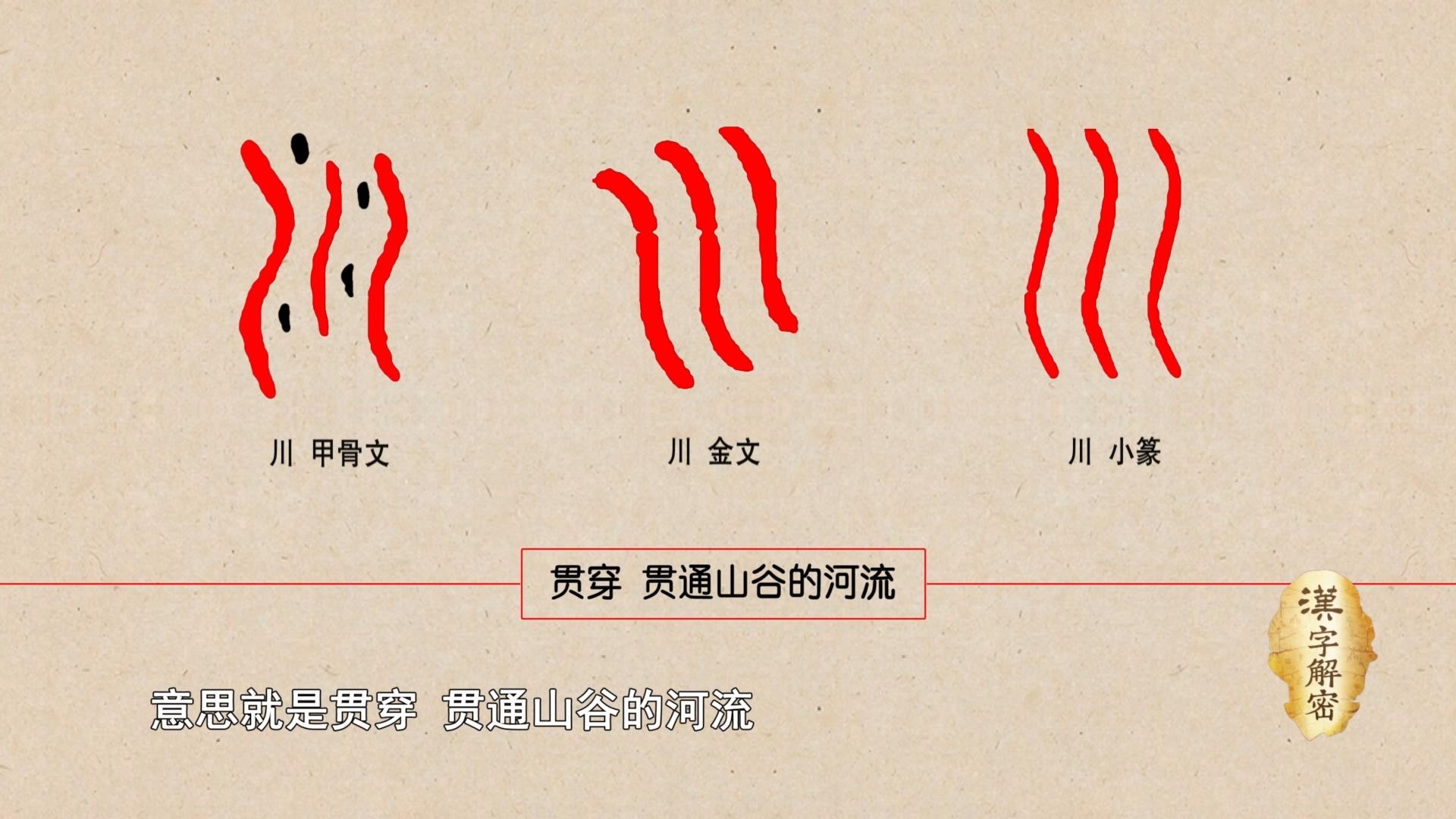 川是一个古老的汉字,从甲骨文直到小篆,都是三条弯曲的线条,像流水的