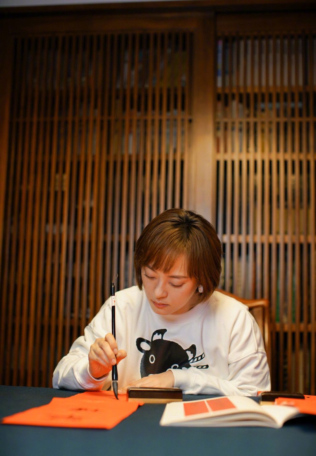 孙俪写字图孙俪这几年喜欢上书法,自己动笔写春联祝贺新年,还不忘对