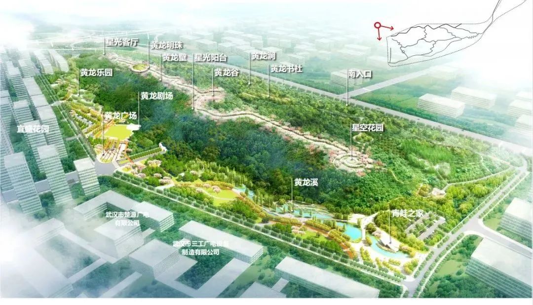 黄龙山公园设计以长江书法博物院为源头,沿兰亭公园将九峰溪绿廊定位
