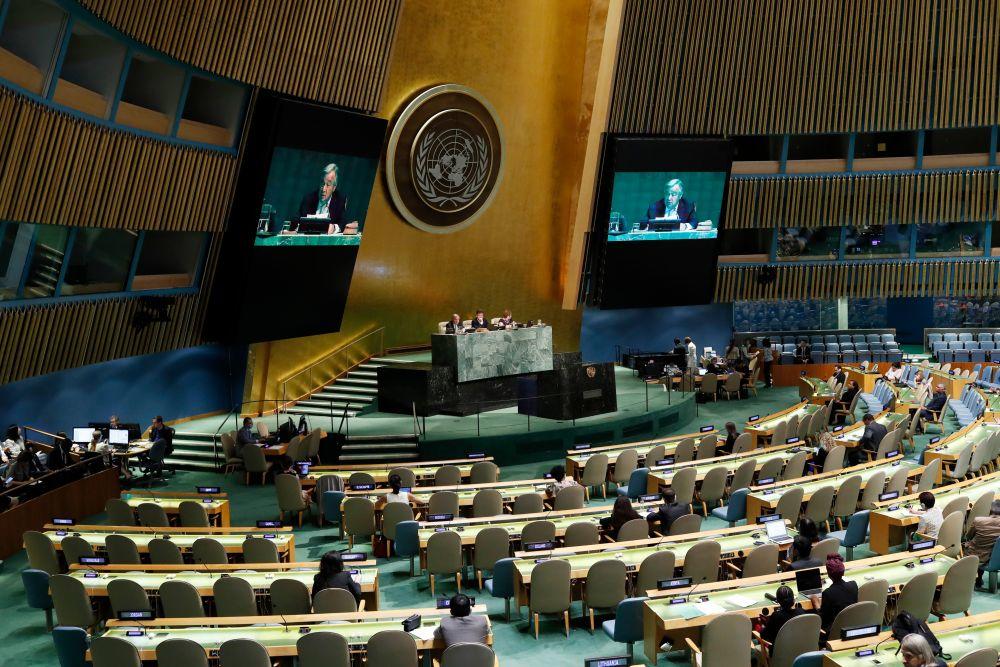 在位于纽约的联合国总部,联合国秘书长古特雷斯在联合国大会艾滋病