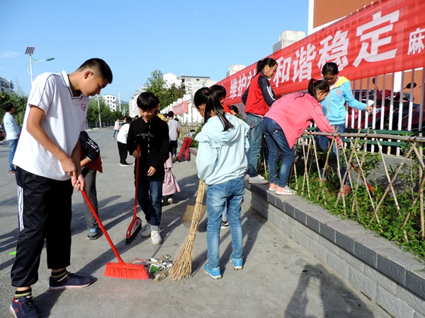 麻家渡镇千名学生志愿者上街清除“牛皮癣”