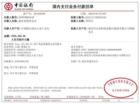 湖北省慈善總會資助我縣6名優秀貧困學生
