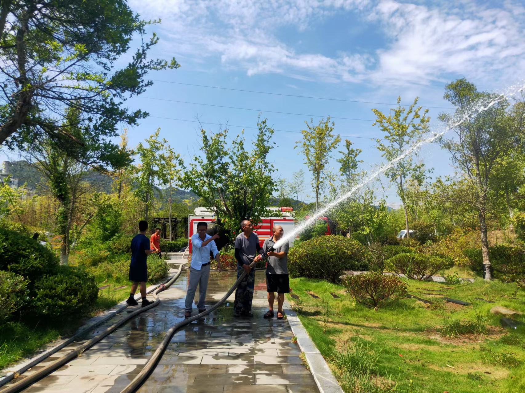 县园林路灯局：错峰浇水 为绿植“降温解渴”