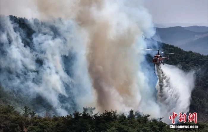 据韩联社23日报道,韩国全国多地接连发生大规模山火,已造成4名灭火人员死亡,6人受伤,700多人紧急避险。据报道,韩国山林厅对忠清南道、全罗道、庆尚道发布最高级国家森林火灾危机预警。此外,韩国政府宣布庆尚南道、庆尚北道、蔚山市进入“灾难状态”,全力开展扑救工作。图为当地时间2025年3月23日,韩国庆尚北道义城郡,义城郡发生的大型山火持续进入第二天。直升机在山火起火点附近的山林中进行扑火作业。图/视觉中国