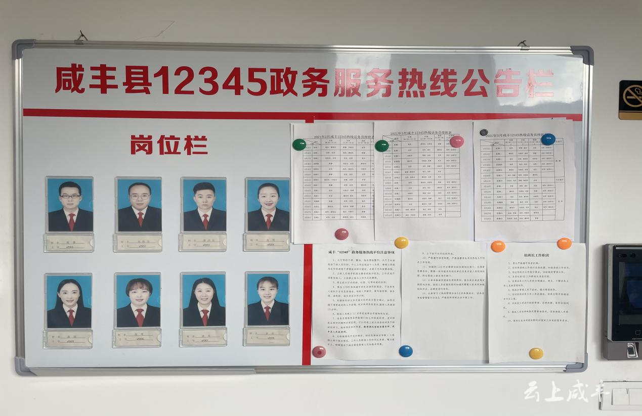 咸丰县12345政务服务热线走廊外面岗位公示栏亮明了热线话务员照片