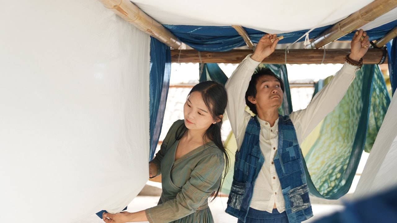 两人在晾晒场工作。