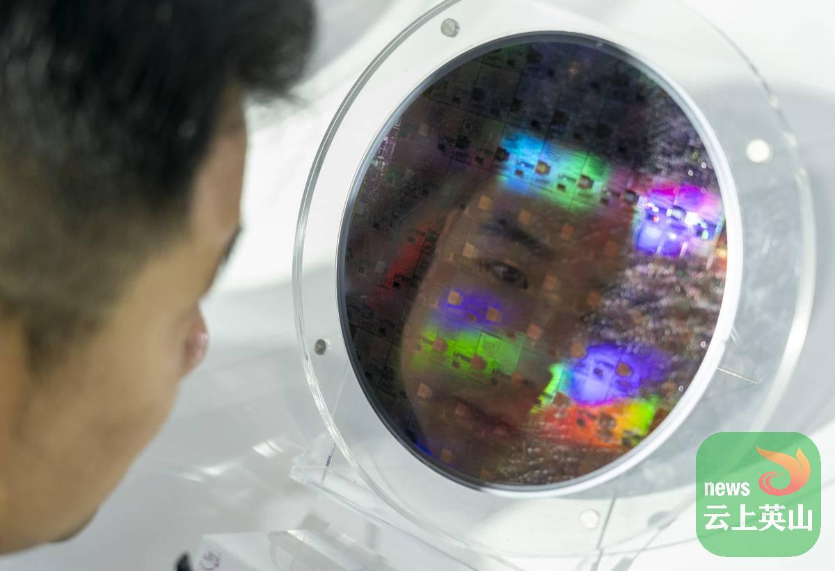 九峰山实验展台，一位观众仔细参观新型化合物半导体晶圆。（湖北日报全媒记者 魏铼 摄）.jpg
