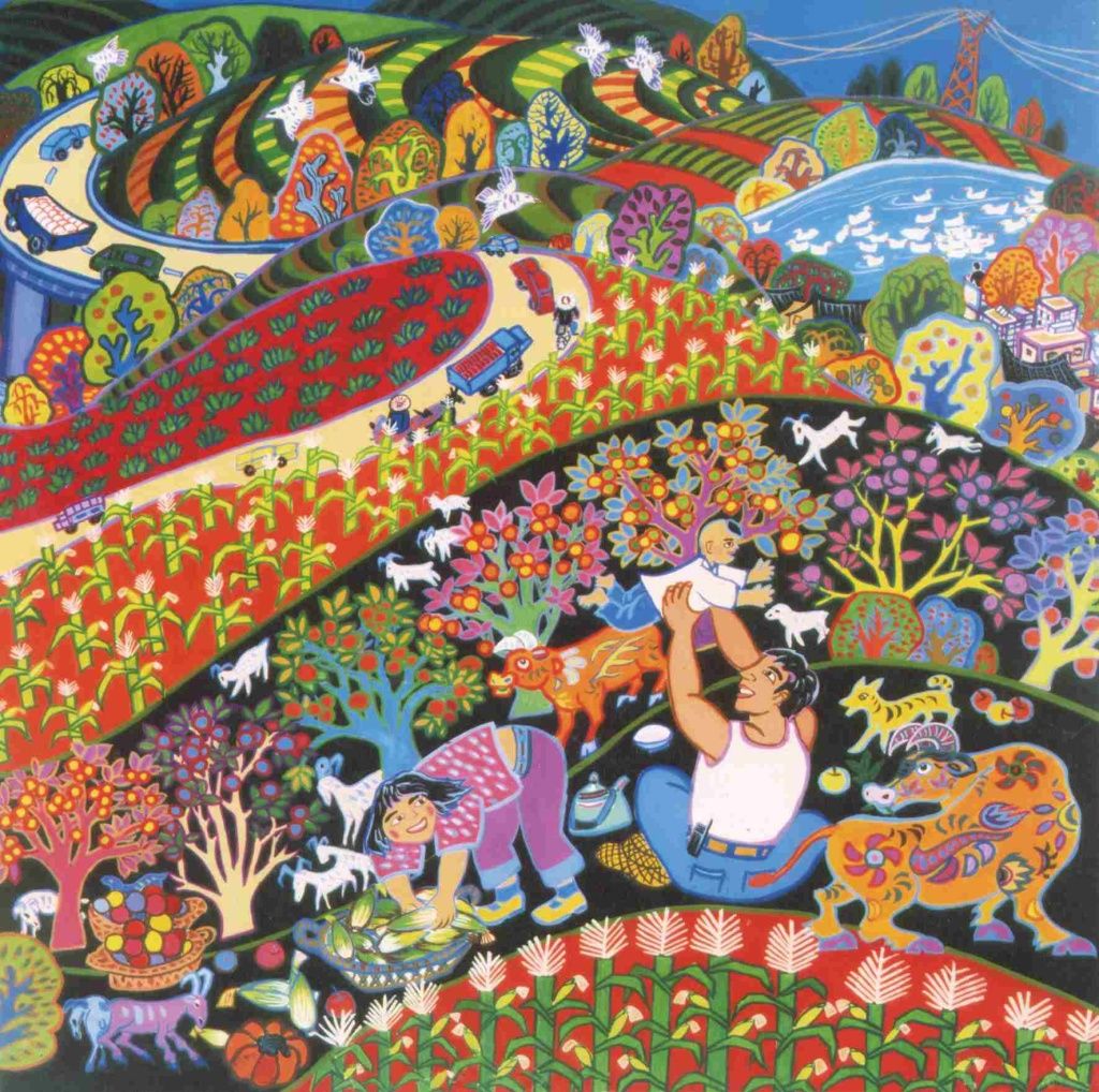 陆桂明《幸福人家》云南官渡画乡的陆桂明是当地农民画创作的骨干,他