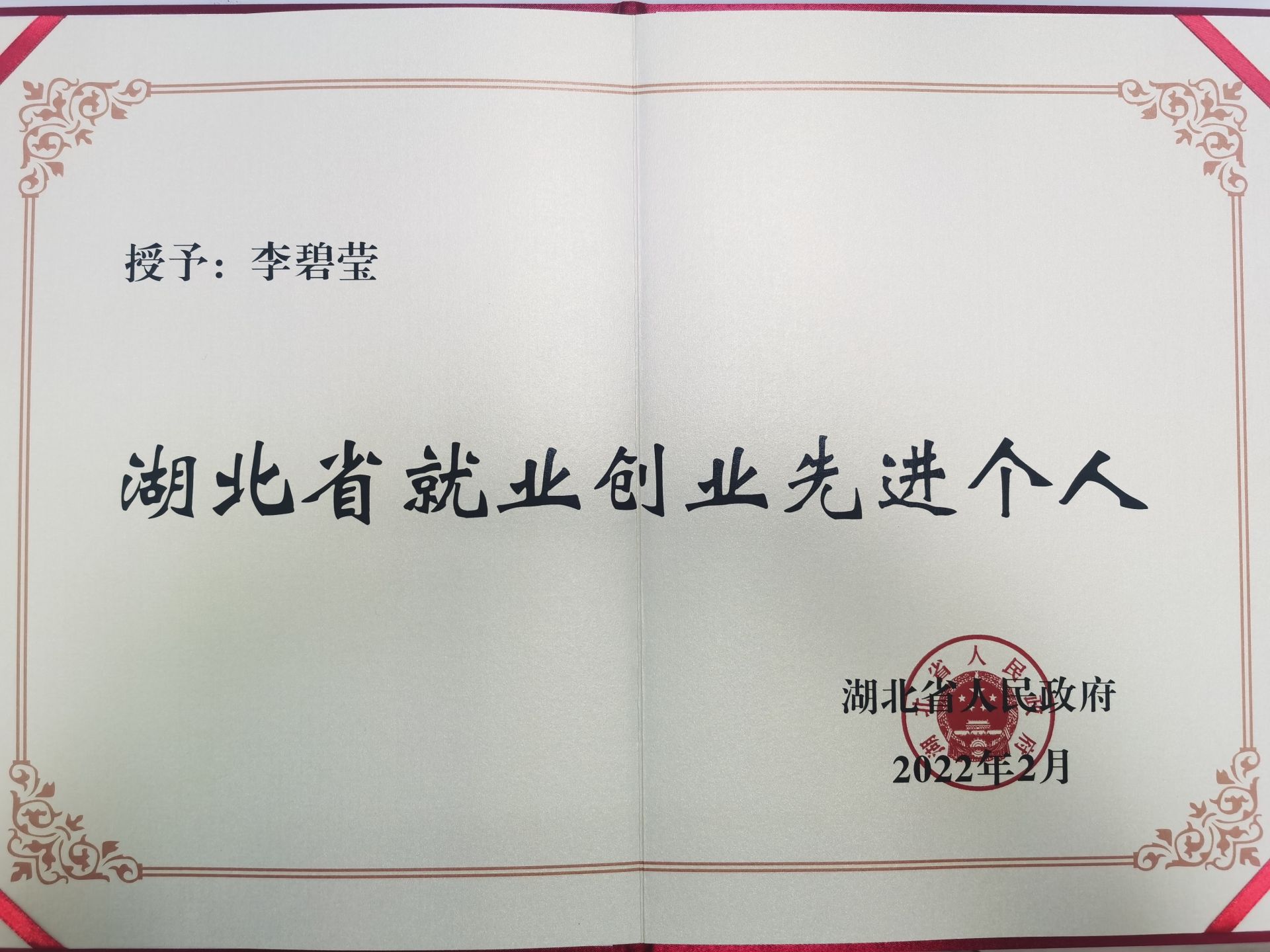 90后海归女硕士李碧莹被授予湖北省就业创业先进个人荣誉称号