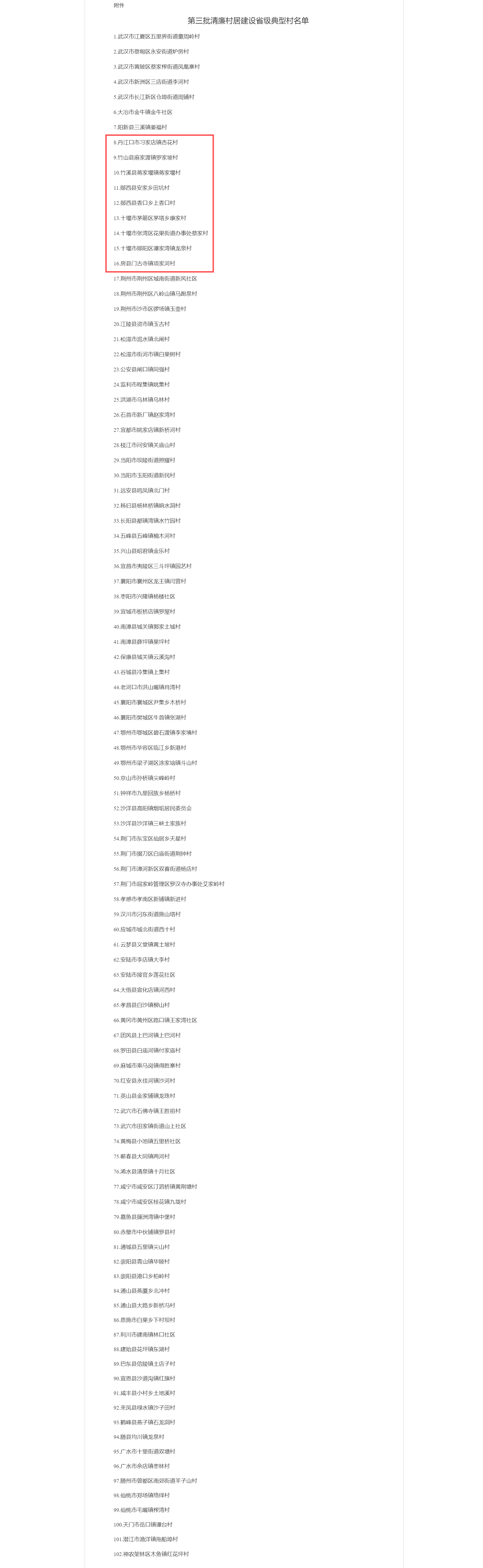 省农业农村厅办公室关于公布第三批清廉村居建设省级典型村名单的通知-湖北省农业农村厅