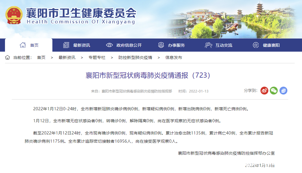 襄阳市新型冠状病毒肺炎疫情通报723