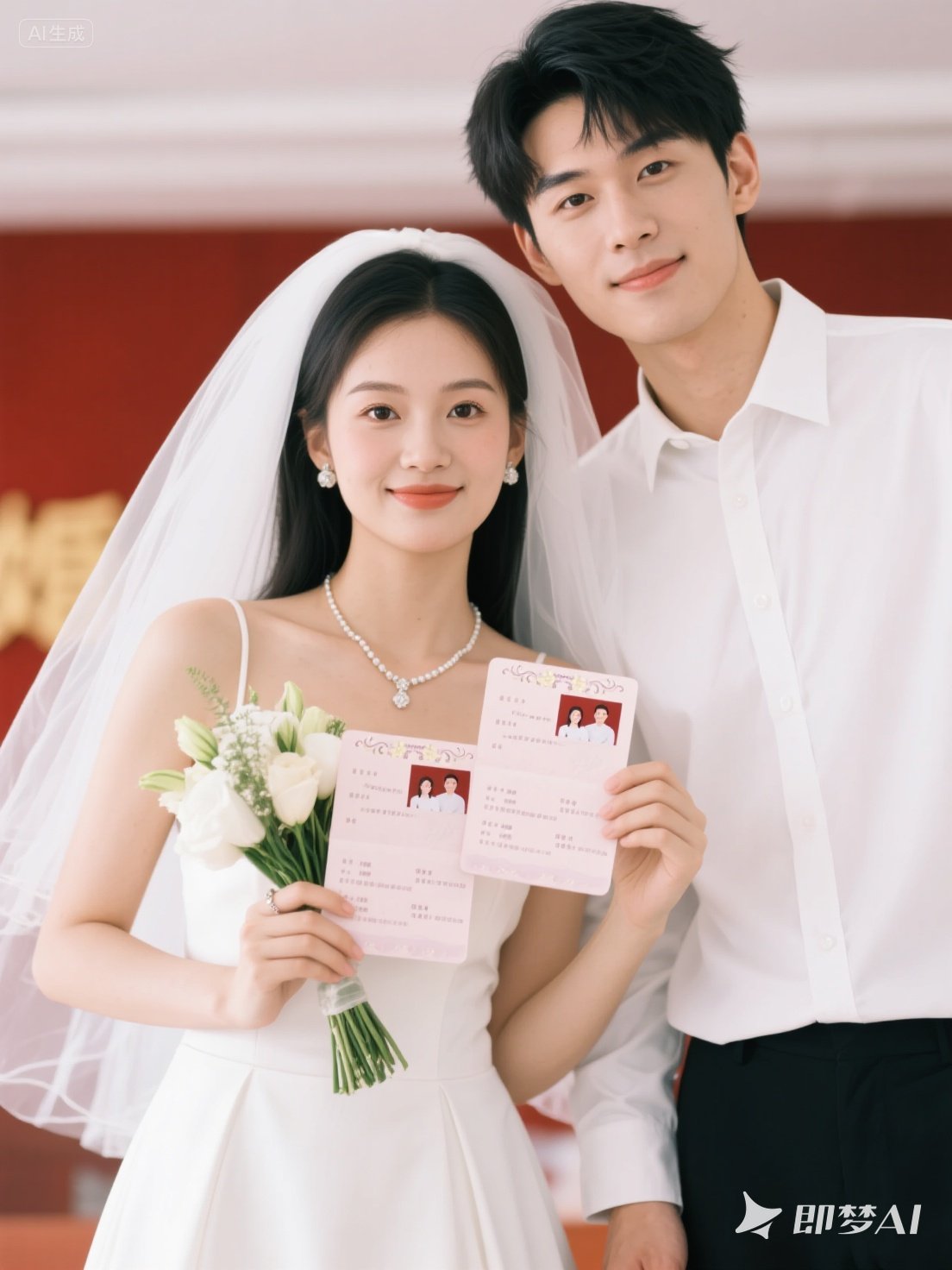 jimeng-2025-07-30-1496-可爱甜美的情侣，模特展示，我们领证啦！女生戴头纱，手捧花，结婚证，细线勾边，漂亮....jpeg