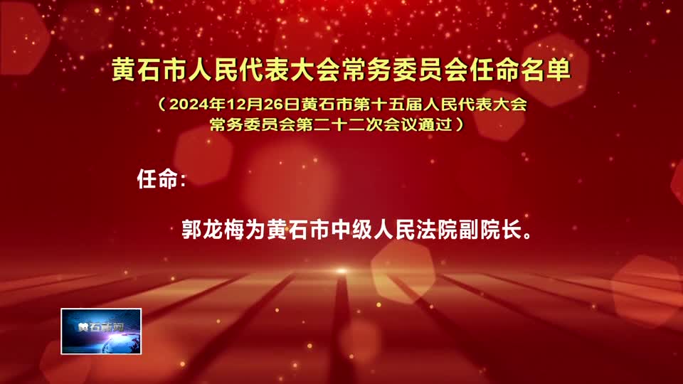 黃石市人民代表大會常務委員會任命名單（2024年12月26日黃石市第十五屆人民代表大會常務委員會第二十二次會議通過）