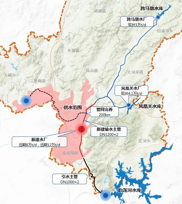 新建12萬噸/日的供水廠,向羅田縣鳳山城區,經濟開發區和駱駝坳,鳳山