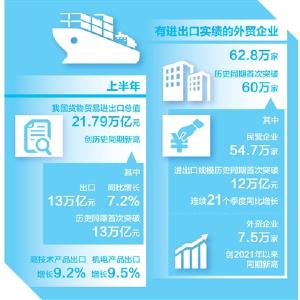创历史同期新高！上半年我国货物贸易进出口21.79万亿元