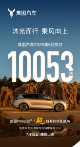 连续4个月销量破万！岚图汽车6月交付10053辆 上半年同比增长85%
