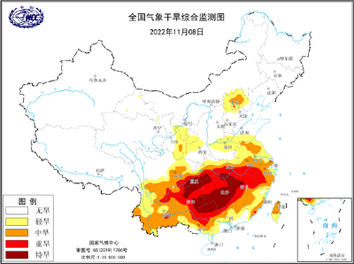 气象干旱黄色预警：湖南南部和西北部、江西西部等地有特旱