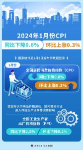 1月份CPI同比下降0.8% 环比上涨0.3% 