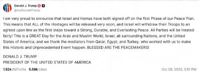 特朗普称以色列和哈马斯达成协议 本周末可能前往中东