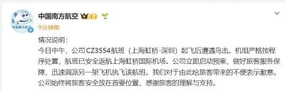 南航CZ3554航班起飞后遭遇鸟击，紧急返航，南航致歉
