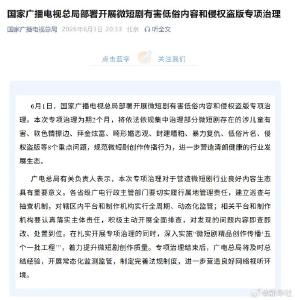 广电总局开展微短剧专项治理：集中治理涉儿童有害、软色情擦边、拜金炫富、畸形婚恋观、封建糟粕、暴力复仇、低俗片名、侵权盗版等问题