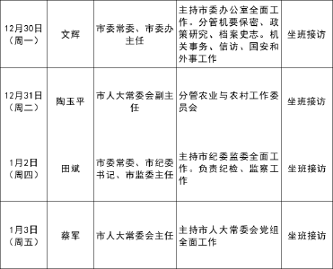 武穴市领导接访公示（2024年12月30日至2025年1月3日）  