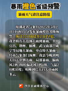 暴雨橙色省级预警，沙洋将迎强降水