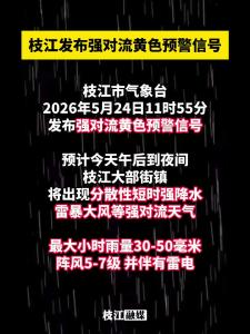枝江发布强对流黄色预警信号，请注意防范！