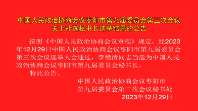 V视 | 中国人民政治协商会议枣阳市第九届委员会第三次会议关于补选秘书长选举结果的公告