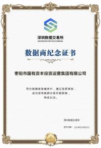 枣阳国投荣膺深圳数据交易所“数据商纪念证书”