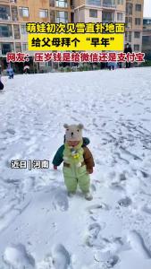 萌娃初次见雪直扑地面，给父母拜个“早年”