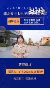 湖北省丰太电子科技有限公司招募外贸业务员、组装工、生产主管、包装工等 