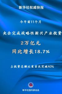 今年前11个月 央企完成战略性新兴产业投资2万亿元