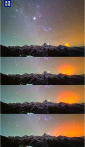 宇宙级浪漫！贡嘎雪山、猎户座、“火箭云”同框