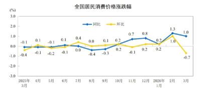国家统计局：3月份居民消费价格同比上涨1.0%
