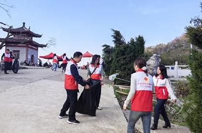 赤壁实验外校：营造赏樱优美环境 红十字志愿者在行动