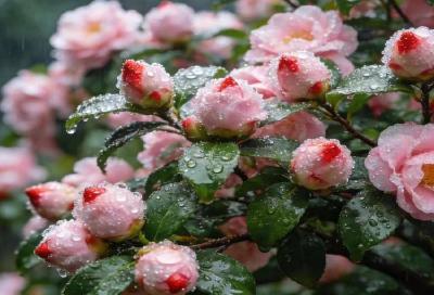 细雨中与山茶对话