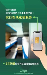 6月10日起，12306网站试行在线选铺服务