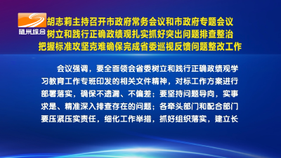 V视| 胡志莉主持召开市政府常务会议和市政府专题会议  树立和践行正确政绩观扎实抓好突出问题排查整治
把握标准攻坚克难确保完成省委巡视反馈问题整改工作