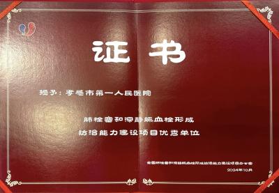 孝感市第一人民医院获得国家级奖项VTE防治优秀单位