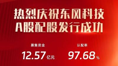 东风科技成功配股募资12.57亿元，认配率97.68%！
